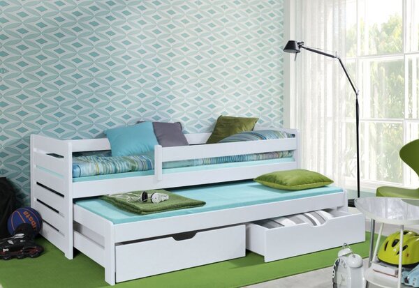 MAXMAX Detská posteľ z masívu borovice TOMÁŠ II s prístelkou a šuplíkmi - 200x90 cm - biela