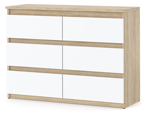 STIV Möbel | Komoda so 6 zásuvkami | Dub Sonoma / Biely Mat | 100 cm | moderná & bezúchytková | Spálňa & Obývačka