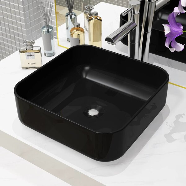 Štvorcové keramické umývadlo, čierne, 38x38x13,5 cm