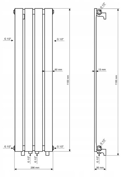 Gamma Vertical, vykurovacie teleso 1100x296 mm, 368W, čierna matná, GMA-VERT-1100296-BK