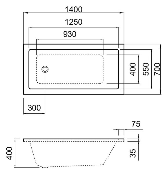 Erga Pureline-S, vaňa 1400x700x400 mm bez nožičiek, biela lesklá, ERG-V07-PURELINE-S-140x070-WH