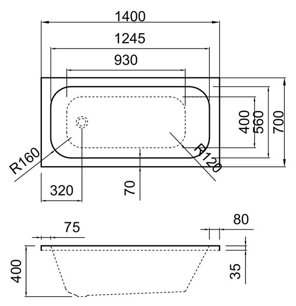 Erga Pureline-O, vaňa 1400x700x400 mm bez nožičiek, biela lesklá, ERG-V07-PURELINE-O-140x070-WH