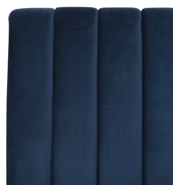 Čalúnená posteľ modrá zamatová 160 x 200 cm lamelový rošt vysoké čelo elegantný dizajn spálňa