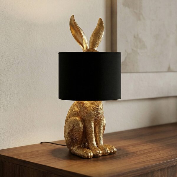Lindby stolová lampa Lorentina, výška 57 cm, zajac, zlatá, textil, Čierna, Obývacia izba / jedáleň, Textil / látka / hodváb, Dizajn, Stojacie svietidlo