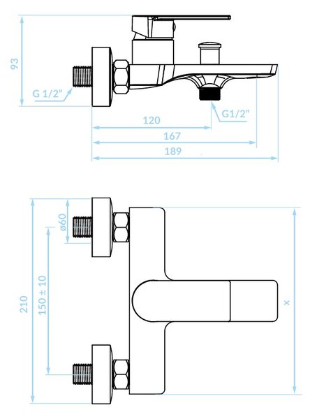 Kuchinox Serta, nástenná vaňová batéria, chrómová, LAV-BKS_010A