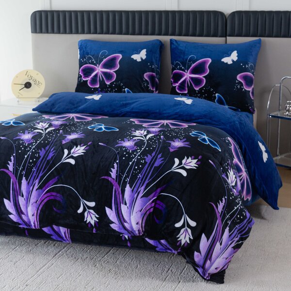Sada mikroplyšových obliečok VIOLET BUTTERFLY tmavomodré + plachta mikroplyš SOFT 180x200 cm biela, dvojlôžko