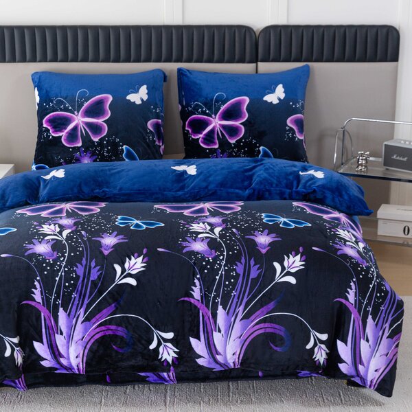 Sada mikroplyšových obliečok VIOLET BUTTERFLY tmavomodré + plachta mikroplyš SOFT 180x200 cm biela, dvojlôžko