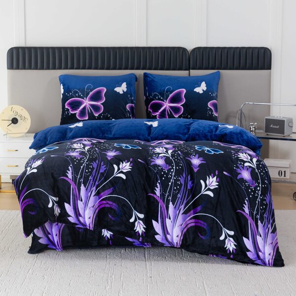 Sada mikroplyšových obliečok VIOLET BUTTERFLY tmavomodré + plachta mikroplyš SOFT 180x200 cm biela, dvojlôžko