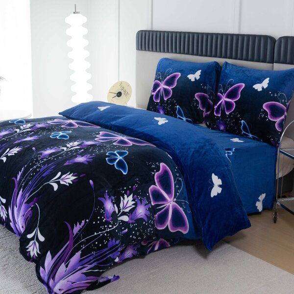 Sada mikroplyšových obliečok VIOLET BUTTERFLY tmavomodré + plachta mikroplyš SOFT 180x200 cm biela, dvojlôžko