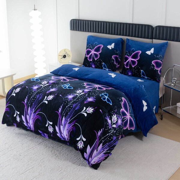 Sada mikroplyšových obliečok VIOLET BUTTERFLY tmavomodré + plachta mikroplyš SOFT 180x200 cm biela, dvojlôžko