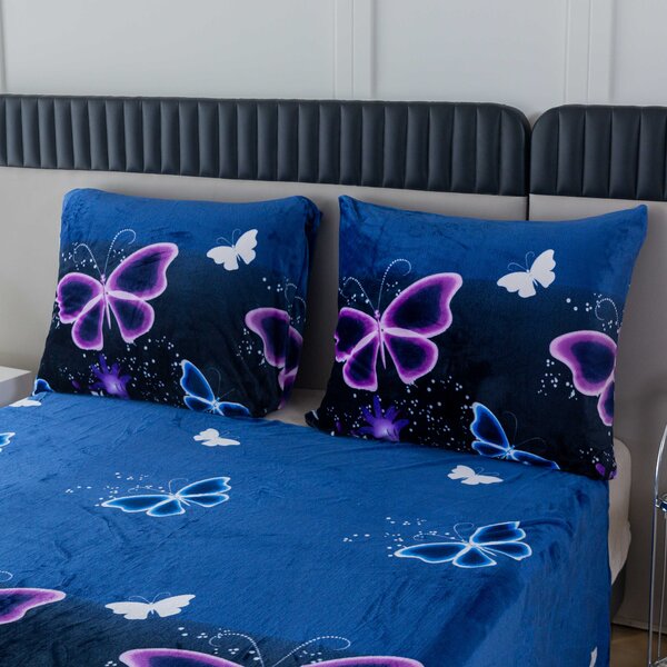 Sada mikroplyšových obliečok VIOLET BUTTERFLY tmavomodré + plachta mikroplyš SOFT 180x200 cm biela, dvojlôžko