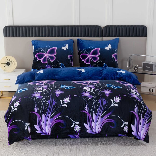 Sada mikroplyšových obliečok VIOLET BUTTERFLY tmavomodré + plachta mikroplyš SOFT 180x200 cm biela, dvojlôžko