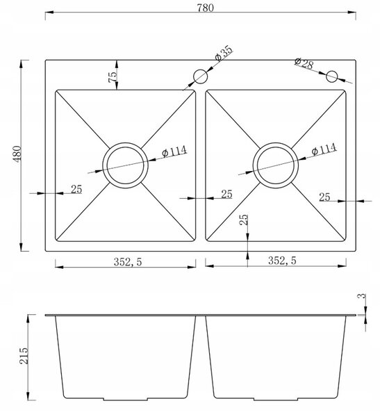 Erga HD, 2-komorový oceľový drez 780x480x215 mm, brúsená oceľ, ERG-MLS-LEX7848
