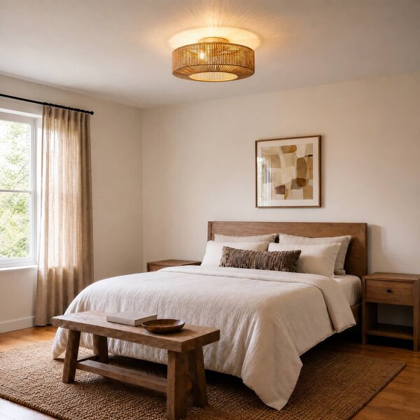 Lucande Stropný ventilátor s osvetlením Raveni, Ø 50 cm, konopné lano, Krémová / jantárovo žltá, Obývacia izba / jedáleň, Moderný