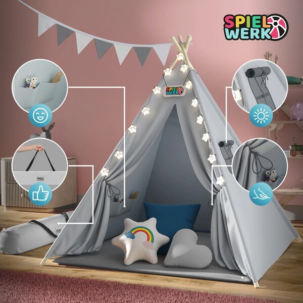 Detský stan teepee JULIUS, 120x120x160cm, šedá/modrá Spielwerk