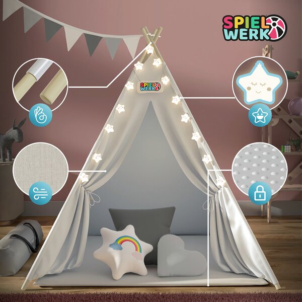 Detský stan teepee JULIUS, 120x120x160cm, biela/šedá Spielwerk