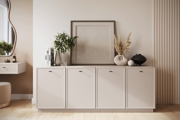 Komoda Lorini 200 cm štvordverová - kašmír / čierne úchytky T-bar