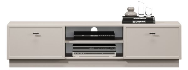 TV stolík Lorini 150 cm na sokli – kašmírová / čierne úchytky T