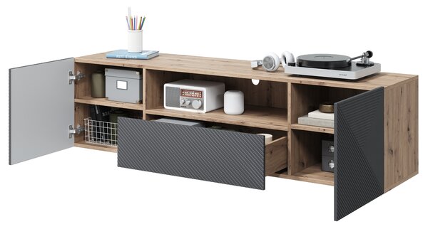 Závesný TV stolík Asha 167 cm s otvorenou policou - artisan / rivier stone mat