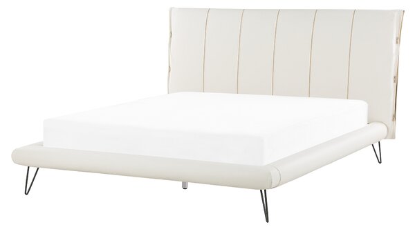 Posteľ svetlobéžová umelá koža 160 x 200 cm prešívané čelo postele tenké čierne nohy moderný dizajn