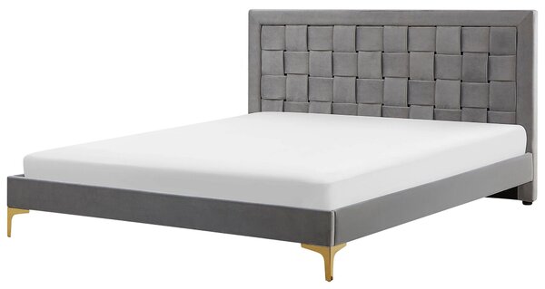 Rám postele 180 x 200 cm sivá zamatové čalúnenie s čelom zlaté nohy spálňa moderný glamour štýl