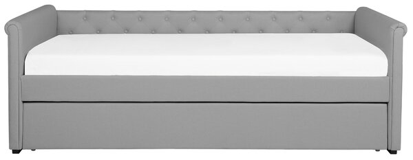 Rozkladacia posteľ svetlosivé látkové čalúnenie s gombíkmi 90 x 200 cm posteľ pre hostí detská izba