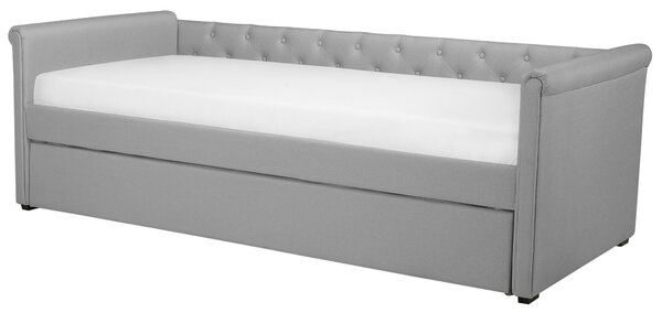 Rozkladacia posteľ svetlosivé látkové čalúnenie s gombíkmi 90 x 200 cm posteľ pre hostí detská izba