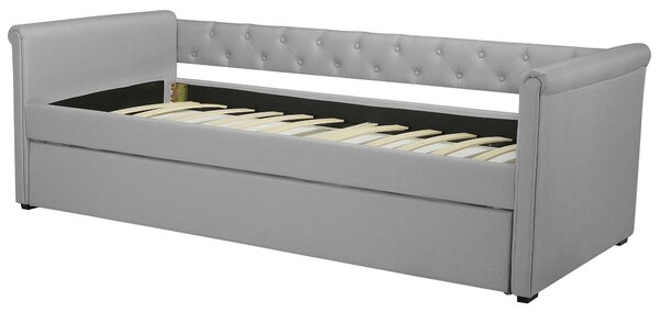 Rozkladacia posteľ svetlosivé látkové čalúnenie s gombíkmi 90 x 200 cm posteľ pre hostí detská izba