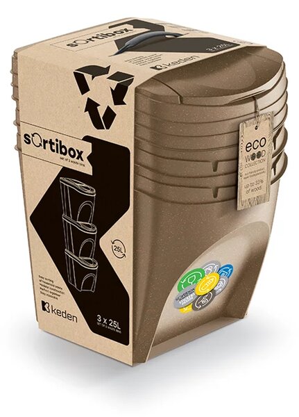 Odpadkové koše na triedený odpad, sada 3 ks x 25 l SORTIBOX - ECO WOOD
