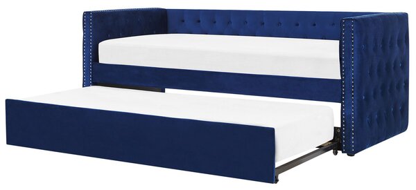Výsuvná modrá velúrová posteľ s rámom 90 x 200 cm, detské glamour gombíky, čalúnnické klince