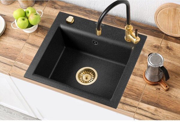 Invena Tesalia, 1-komorový granitový drez 440x480x160 mm a zlatý sifón, INV-AZ-01-Z41-B