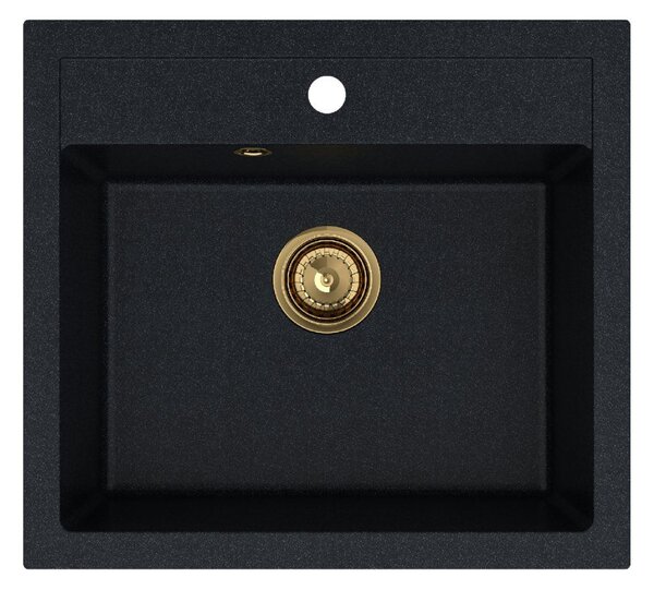 Sink Quality Ferrum, kuchynský granitový drez 565x510x205 mm + zlatý sifón, čierna škvrnitá-Brocade, SKQ-FER.B.1K60.XG