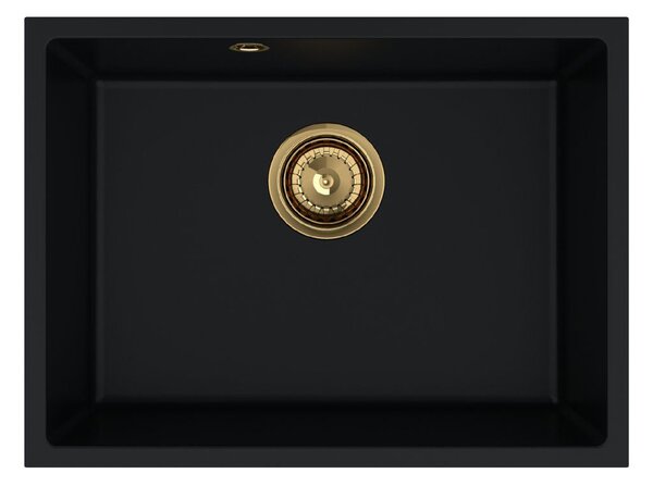Sink Quality Crypton 60, kuchynský granitový drez 535x400x205 mm + zlatý sifón, čierna, SKQ-CRY.C.1KBO.60.XG
