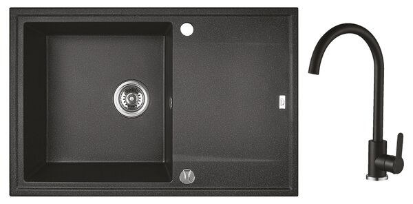 Laveo Megalo, 1-komorový granitový drez 780x500x185 mm + drezová batéria, čierna škvrnitá, LAV-SBEA711T