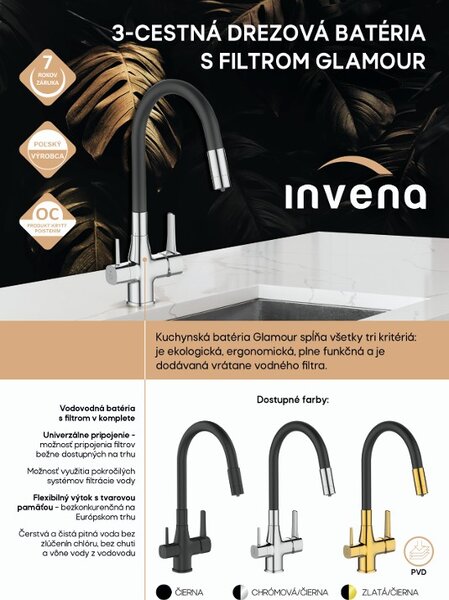 Invena Magic, stojanková drezová batéria s flexibilným ramenom a filtrom na pitnú vodu, čierna-chrómová, INV-BZ-08-F08-V