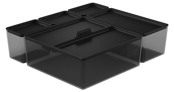 Goodhome Sada úložných boxov do zásuvky s viečkami, kúpeľňový organizér 5v1, KOROS BLACK - čierny