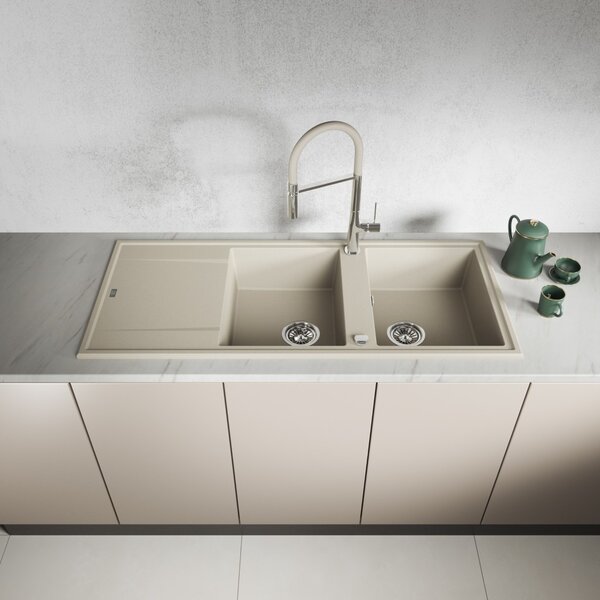 Laveo Megalo, 2-komorový granitový drez 1160x500x185 mm s dlhým odkvapávačom, béžová, LAV-SBE_421T