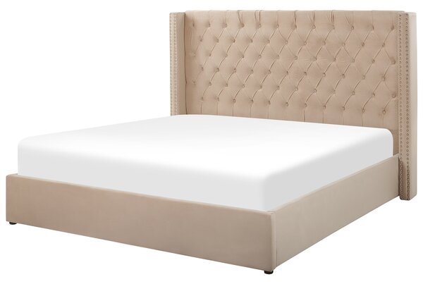 Posteľ s úložným priestorom béžová zamatové čalúnenie 160 x 200 cm prešívané čelo lamelový rošt glamour dizajn