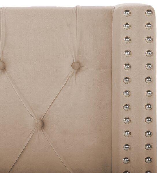 Posteľ s úložným priestorom béžová zamatové čalúnenie 160 x 200 cm prešívané čelo lamelový rošt glamour dizajn