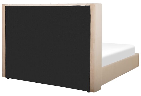 Posteľ s úložným priestorom béžová zamatové čalúnenie 160 x 200 cm prešívané čelo lamelový rošt glamour dizajn