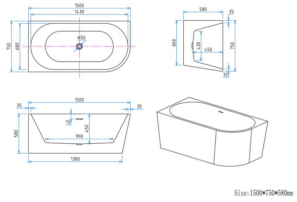 Erga Zara, rohová voľne stojaca vaňa 150x75 cm + odtoková zátka, ľavá, biela lesklá, ERG-ZARA-150075L-WH-WH