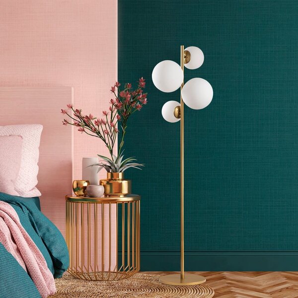 Biela/v mosadznej farbe stojacia lampa so skleneným tienidlom (výška 162 cm) Fazli – Opviq lights