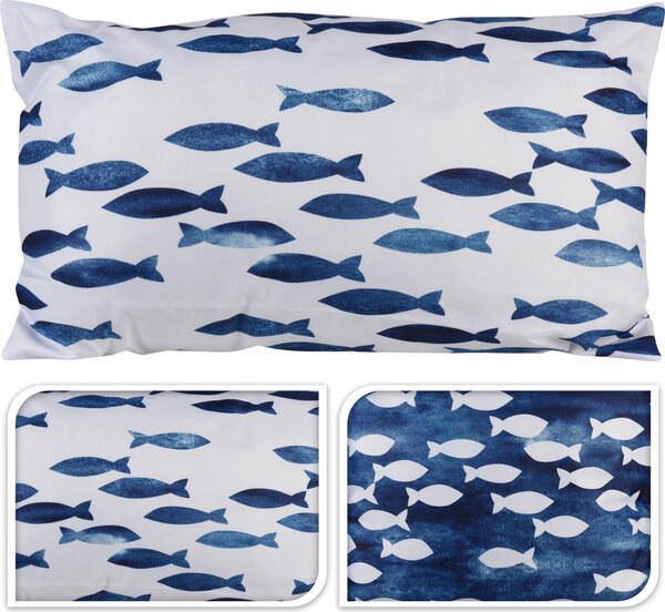 Bavlnený bielo-modrý vankúš s výplňou a s motívom rybičiek v dvoch farebných kombináciách 30 x 50 cm 36436