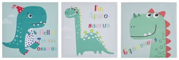 Sada 3 obrazov na plátne viacfarebná nylon MDF 30 x 30 cm štvorcový tvar motív dinosaurov moderný štýl detská izba