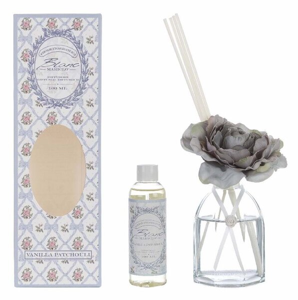 Difúzer s vôňou vanilkovej patchouli s paličkami a sivou ružou v schaby romantickom štýle 100 ml Blanc Maricló 37192