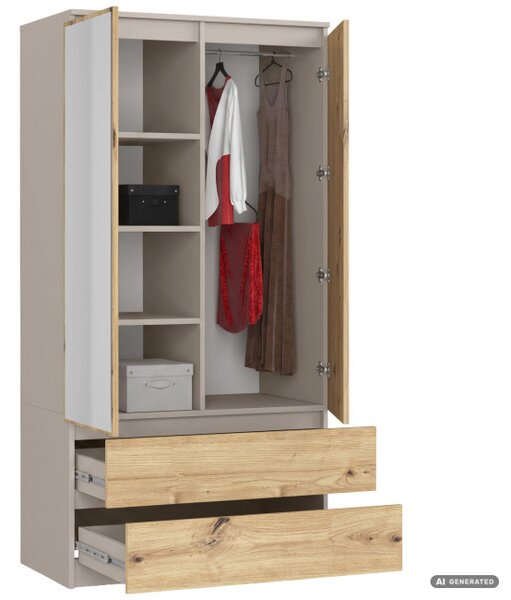 Šatníková skriňa so zrkadlom S90 kašmír / dub artisan