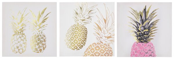 Sada 3 obrazov na plátne zelená ružová zlatá nylon MDF 30 x 30 cm štvorcový tvar motív ananásu moderný štýl doplnky dekorácie