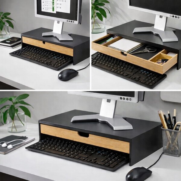 VERK GROUP Podstavec pod monitor / notebook so zásuvkou, bambus/čierna, 47 x 26 x 10 cm BLACKBE