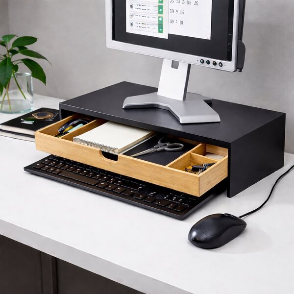 VERK GROUP Podstavec pod monitor / notebook so zásuvkou, bambus/čierna, 47 x 26 x 10 cm BLACKBE