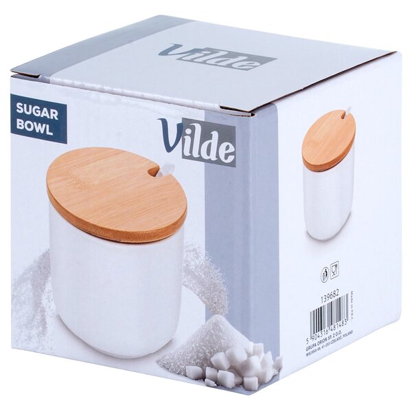 VILDE Guľatá keramická cukornička s bambusovým viečkom a lyžičkou, 250ML biela